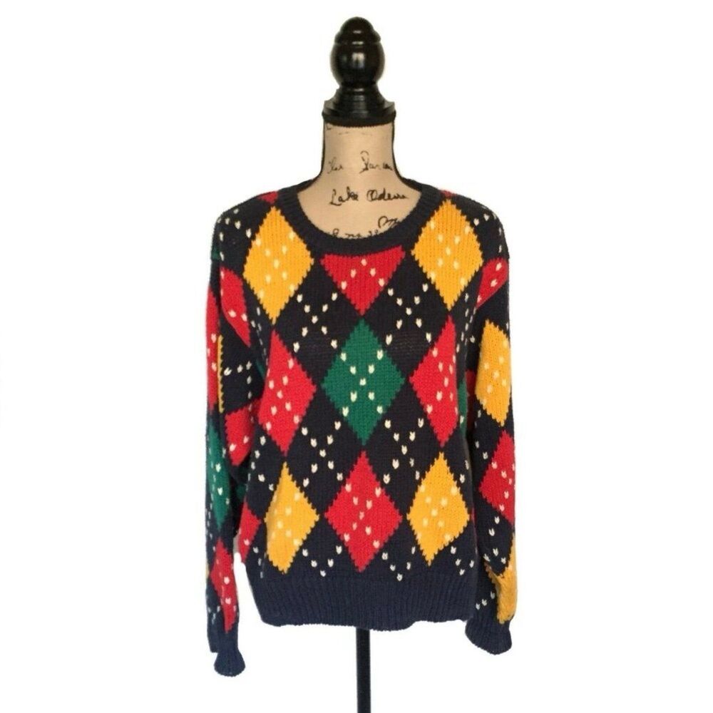 Vintage Liz Sport Argyle Knit Sweater Women’s Small 90s Preppy Multicolor Pull